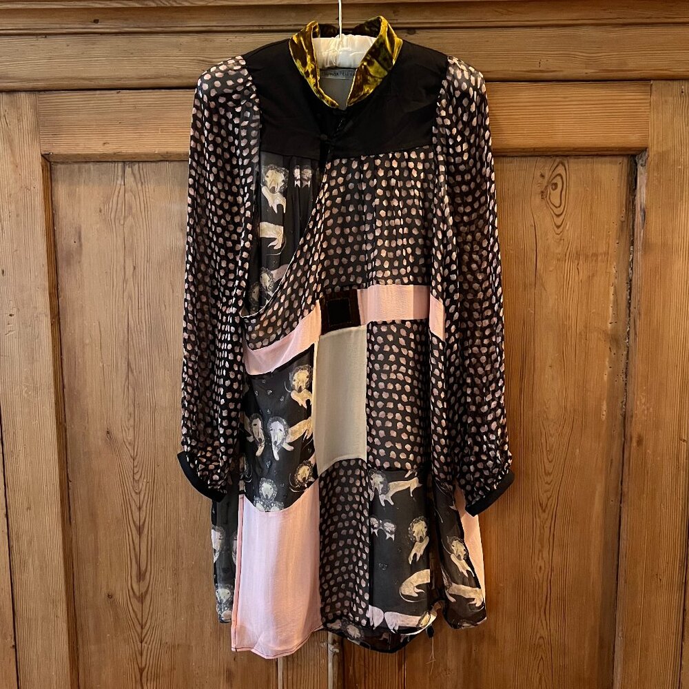 100% Silk Tsumori Chisato Blouse Black/Beige/Pink Lined, Mandarin Collar S? M?